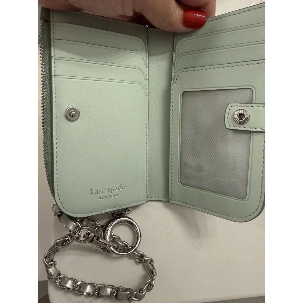 kate spade new york Green Solid Zip Around Wallet w/ Chain Strap, Cards, ID